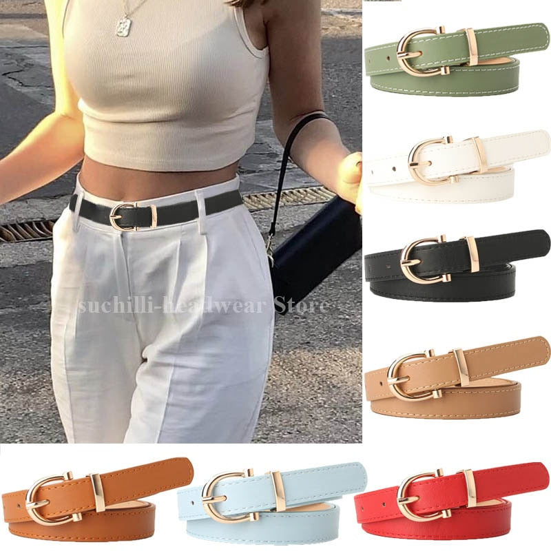 2023 Women Belts New PU Leather Simple Metal Buckle Belt
